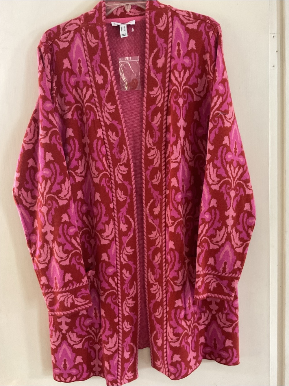 Isaac Mizrahi Open-Front Floral Jacquard Cardigan - Pink & Red